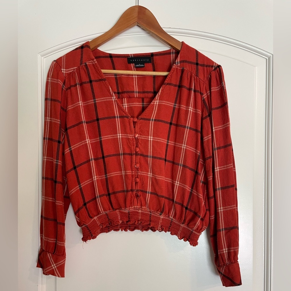 Sanctuary Women’s Red Orange Plaid Button-Front Crop Top Blouse Large